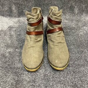 Brown Burlap Canvas Blowfish Boot Ankle Leather Strap Zip Women’s Size 10